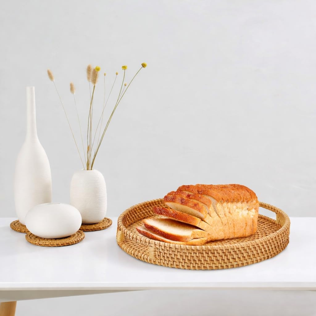 Handwoven Boho Round Rattan Serving Tray Set