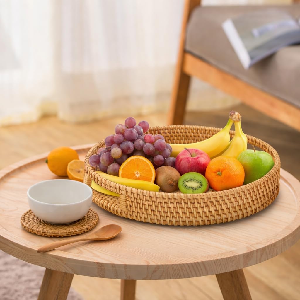 Handwoven Boho Round Rattan Serving Tray Set