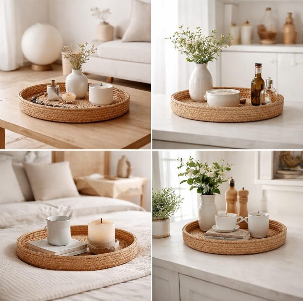 Handwoven Boho Round Rattan Serving Tray Set