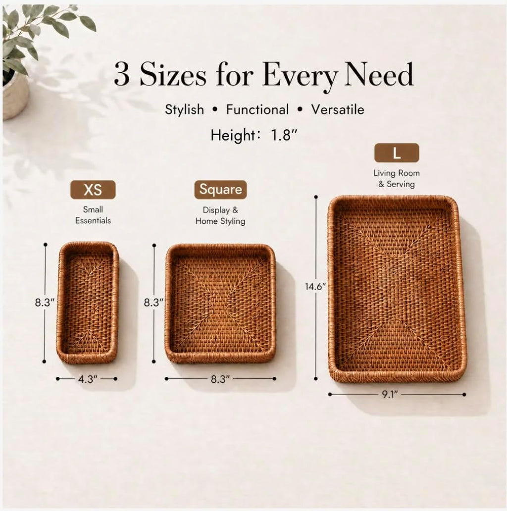Natural Rectangular Rattan Serving Trays Set of Three