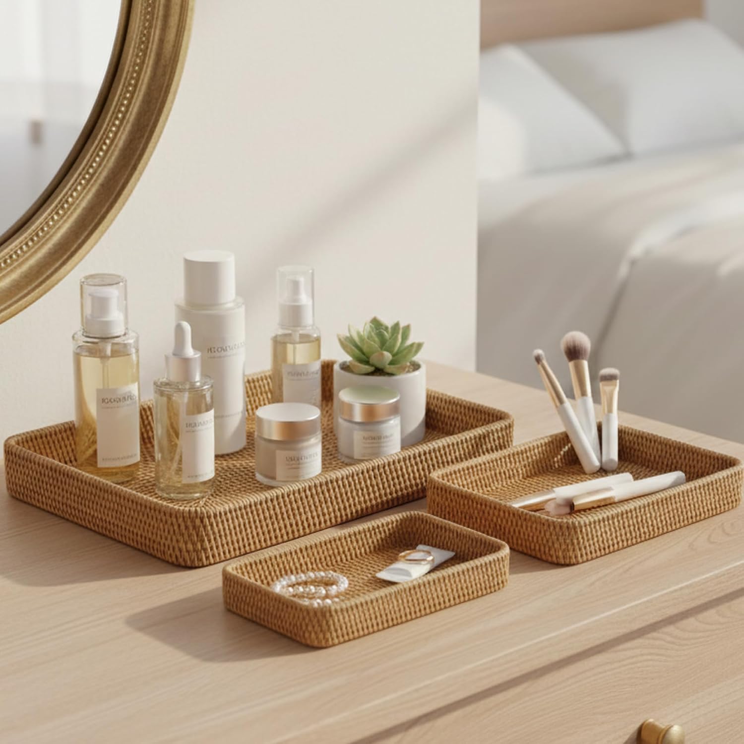 Natural Rectangular Rattan Serving Tray Set of Three