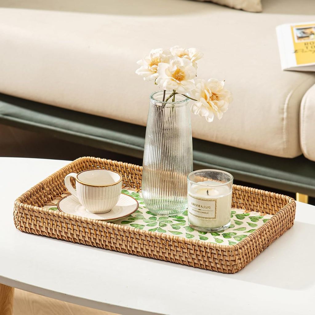 Handwoven Rattan Trays with Mother of Pearl Inlay