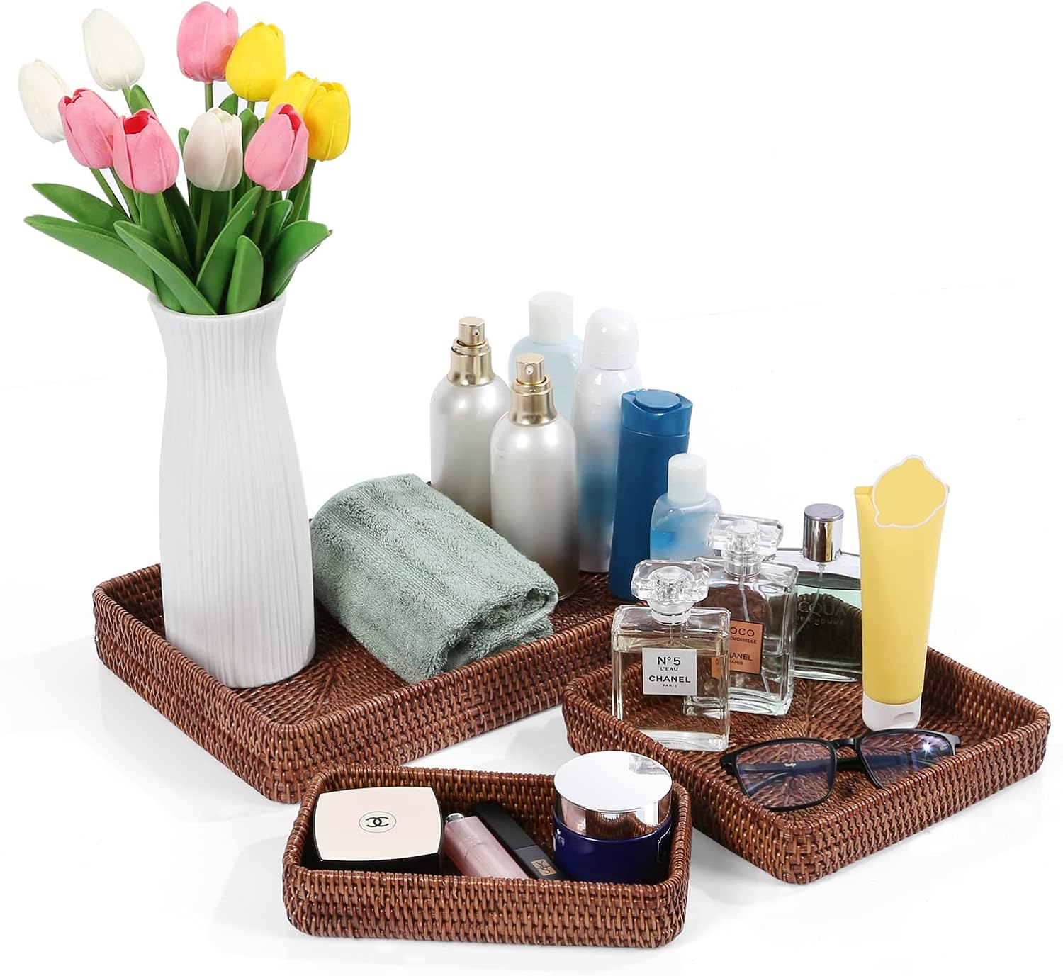 Natural Rectangular Rattan Serving Trays Set of Three
