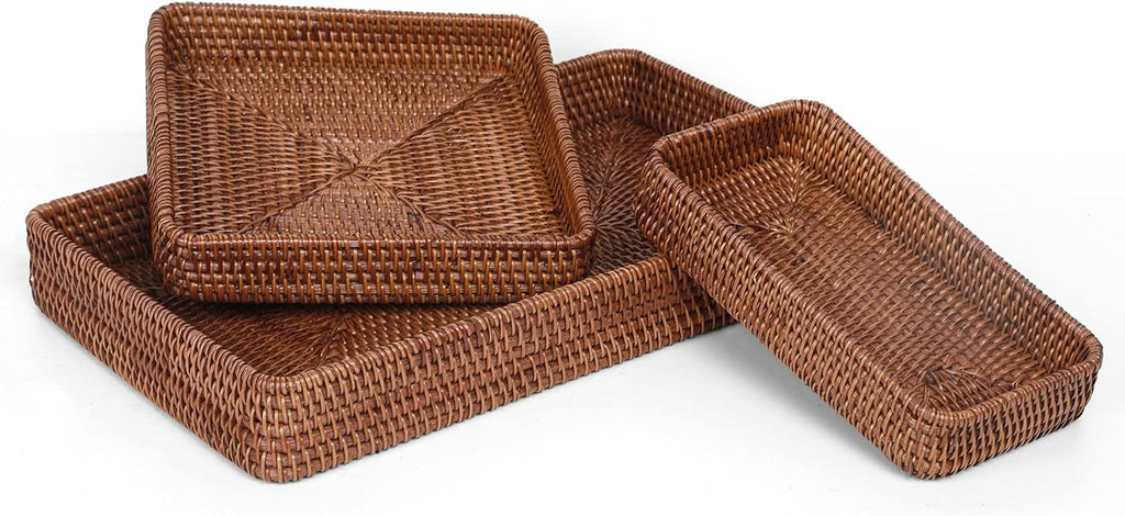 Natural Rectangular Rattan Serving Trays Set of Three