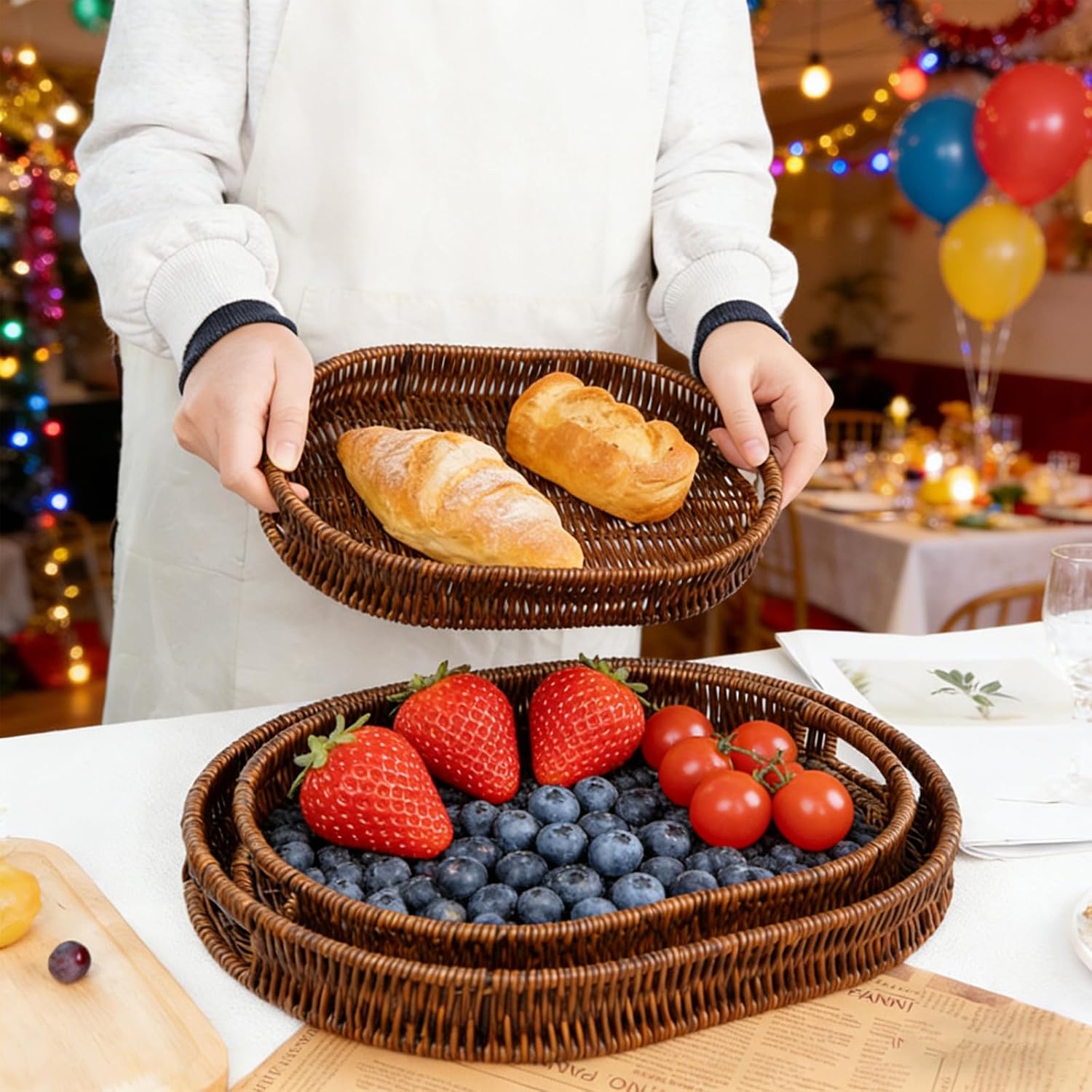 Handwoven Rattan Serving Trays Set with Handles
