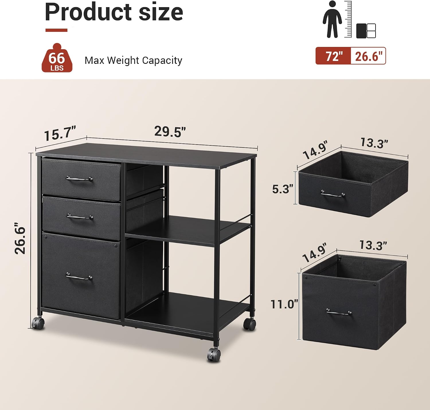 Fabric Rolling File Cabinet Printer Stand Organizer