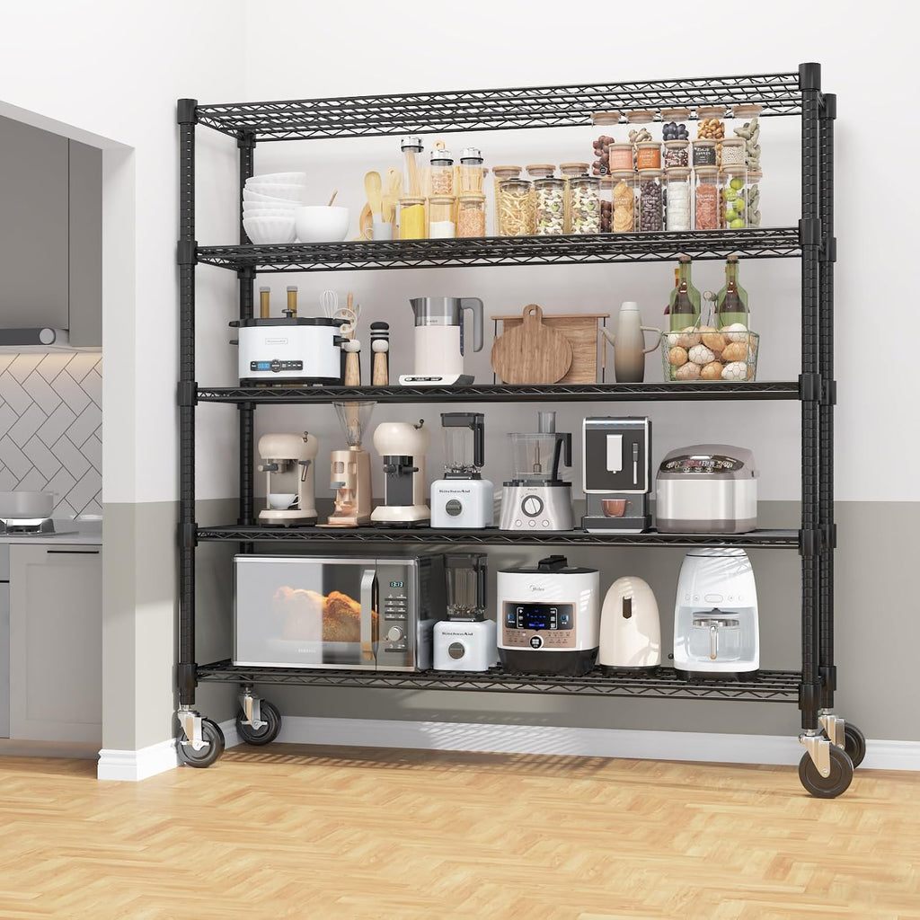 Adjustable Wheeled Heavy Duty 5-Tier Wire Storage Shelving Unit