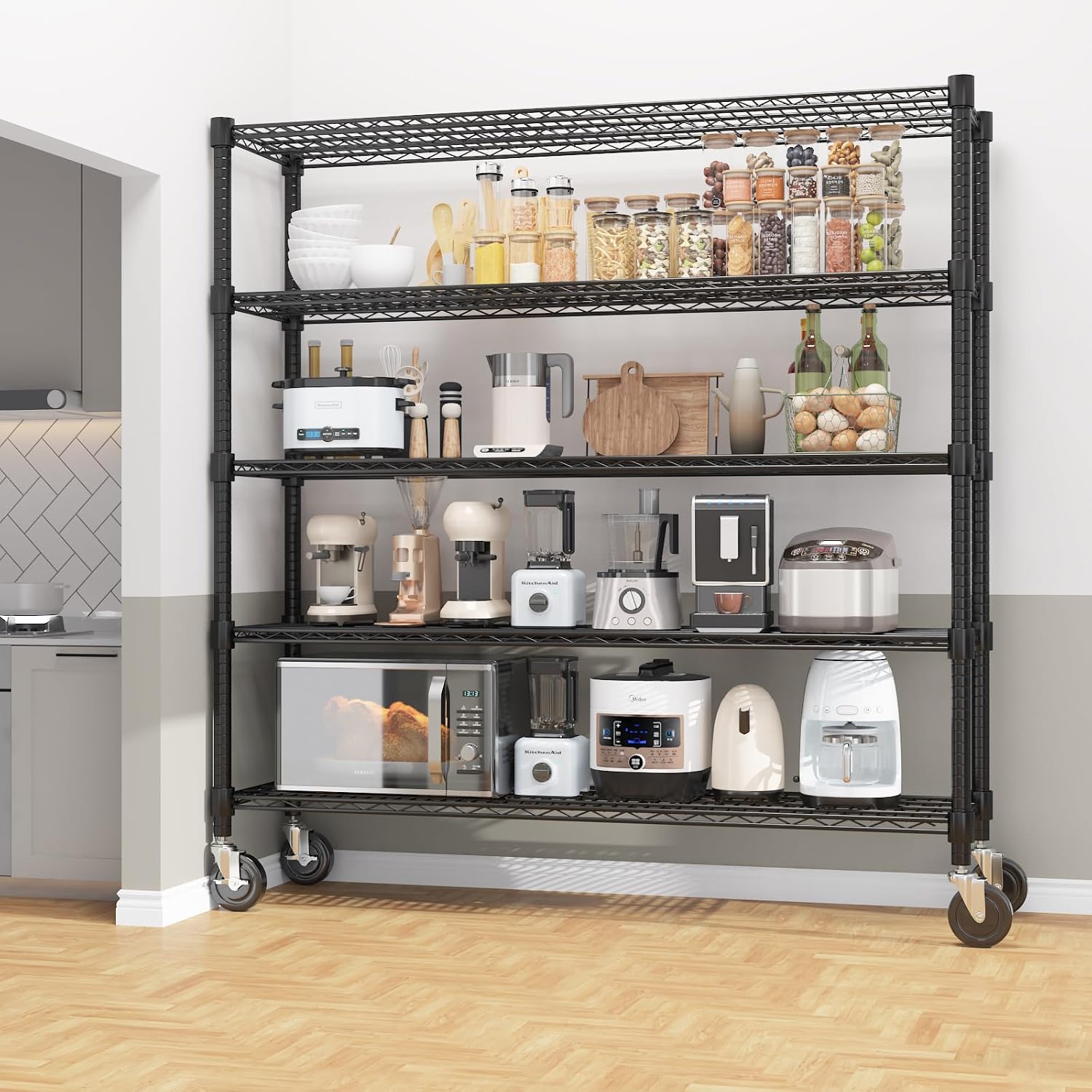 Adjustable Wheeled Heavy Duty 5-Tier Wire Storage Shelving Unit