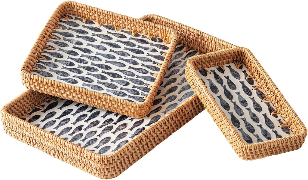 Handwoven Rattan Trays with Mother of Pearl Inlay