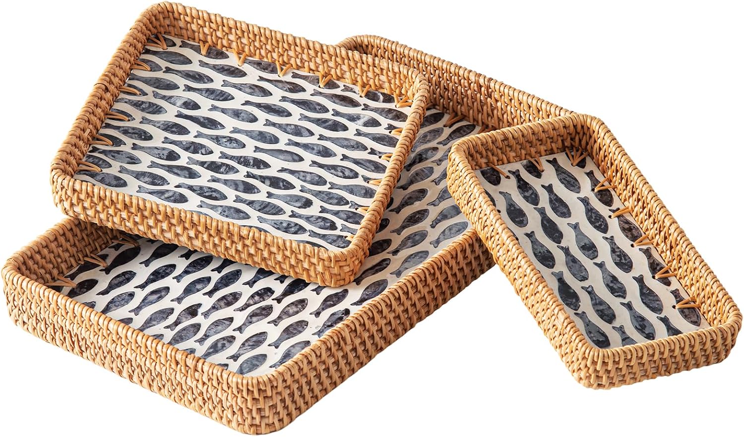 Handwoven Rattan Trays with Mother of Pearl Inlay