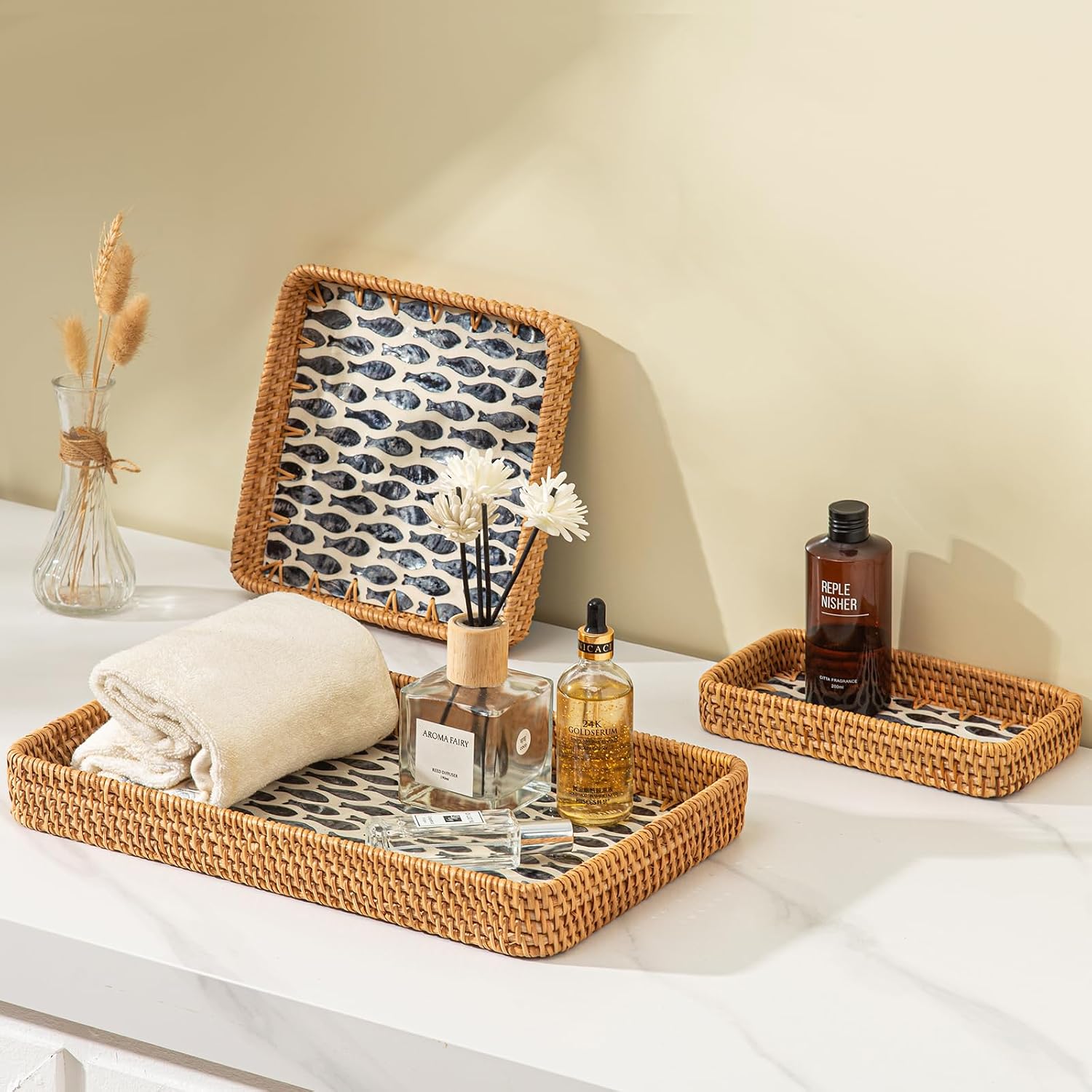 Handwoven Rattan Trays with Mother of Pearl Inlay