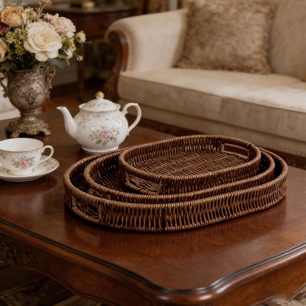 Handwoven Rattan Serving Trays Set with Handles