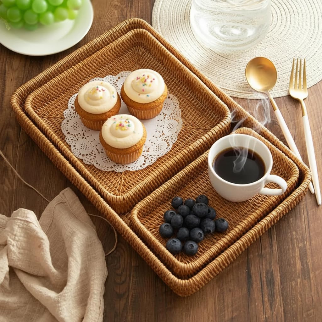 Natural Rectangular Rattan Serving Tray Set of Three