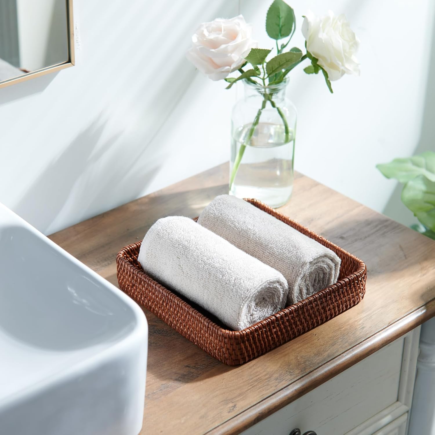 Natural Rectangular Rattan Serving Trays Set of Three