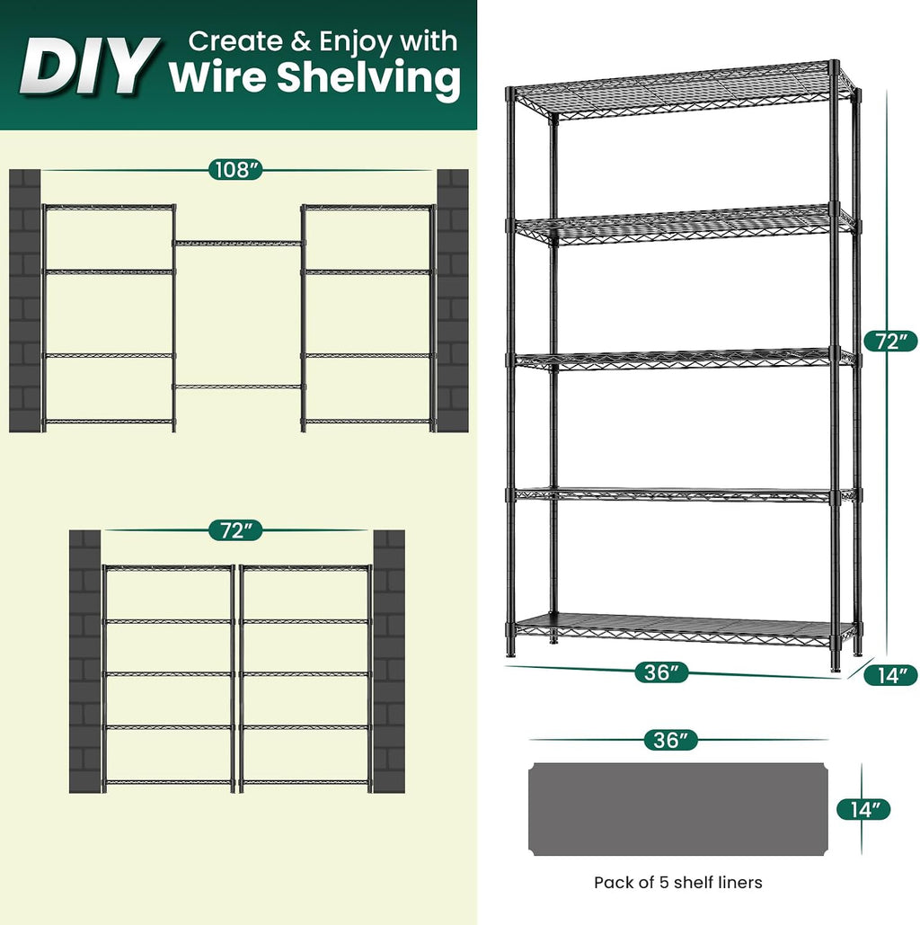 Heavy Duty Adjustable 5-Tier Wire Storage Shelving Unit