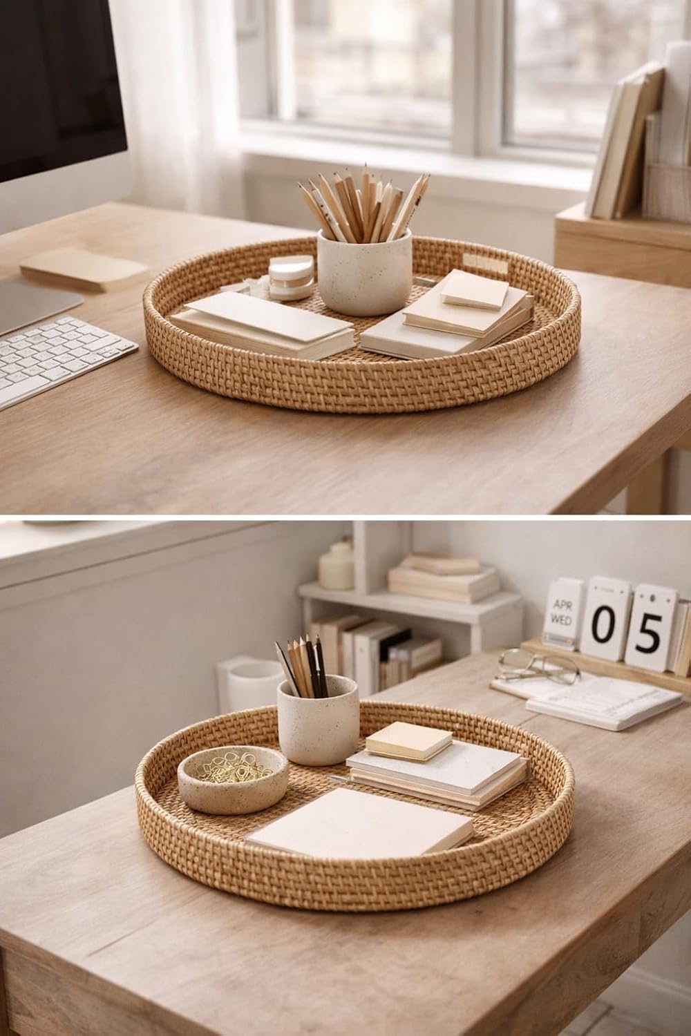 Handwoven Boho Round Rattan Serving Tray Set