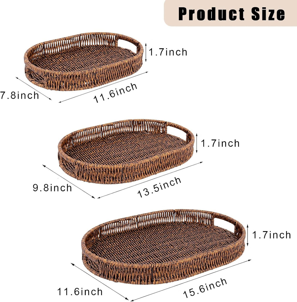 Handwoven Rattan Serving Trays Set with Handles