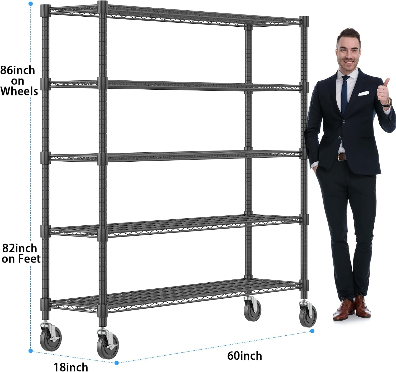 Adjustable Wheeled Heavy Duty 5-Tier Wire Storage Shelving Unit