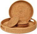 Handwoven Boho Round Rattan Serving Tray Set