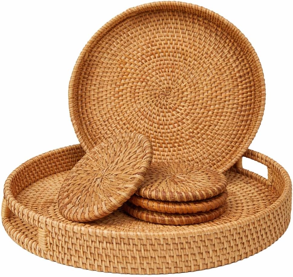 Handwoven Boho Round Rattan Serving Tray Set
