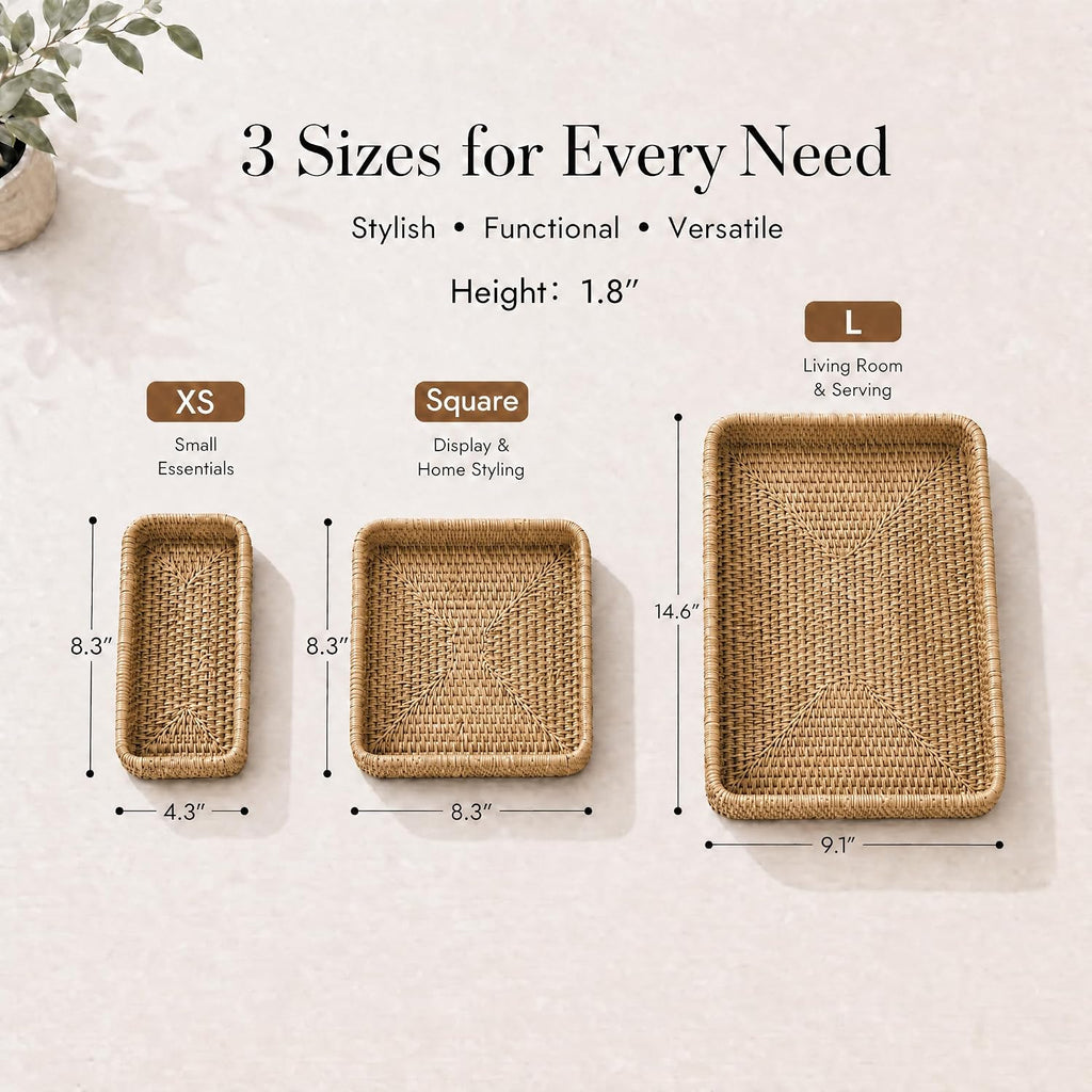 Natural Rectangular Rattan Serving Tray Set of Three