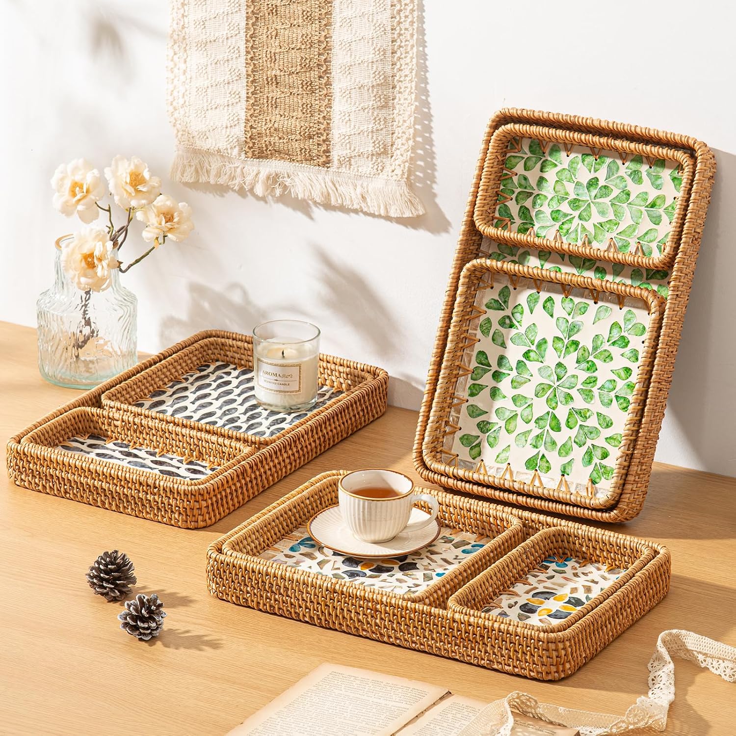Handwoven Rattan Trays with Mother of Pearl Inlay