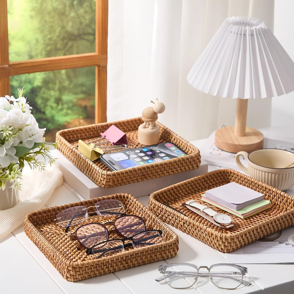 Natural Square Rattan Storage Serving Trays Set