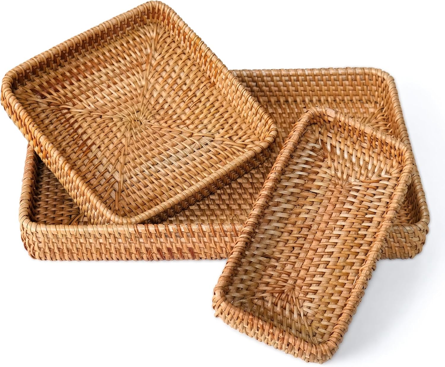 Decorative Rectangular Rattan Serving Trays Set