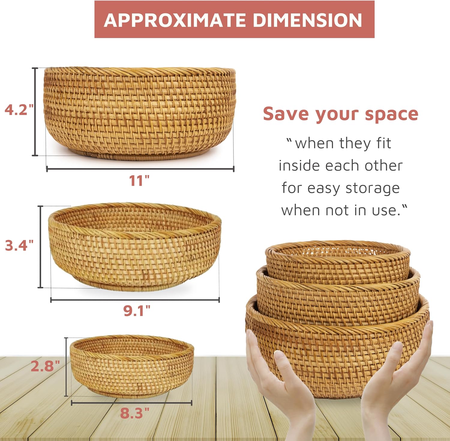 Stackable Round Natural Rattan Serving Basket Set