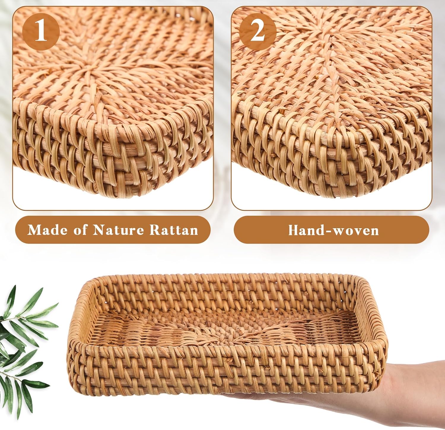 Natural Square Rattan Storage Serving Trays Set
