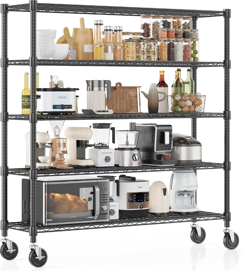 Adjustable Wheeled Heavy Duty 5-Tier Wire Storage Shelving Unit