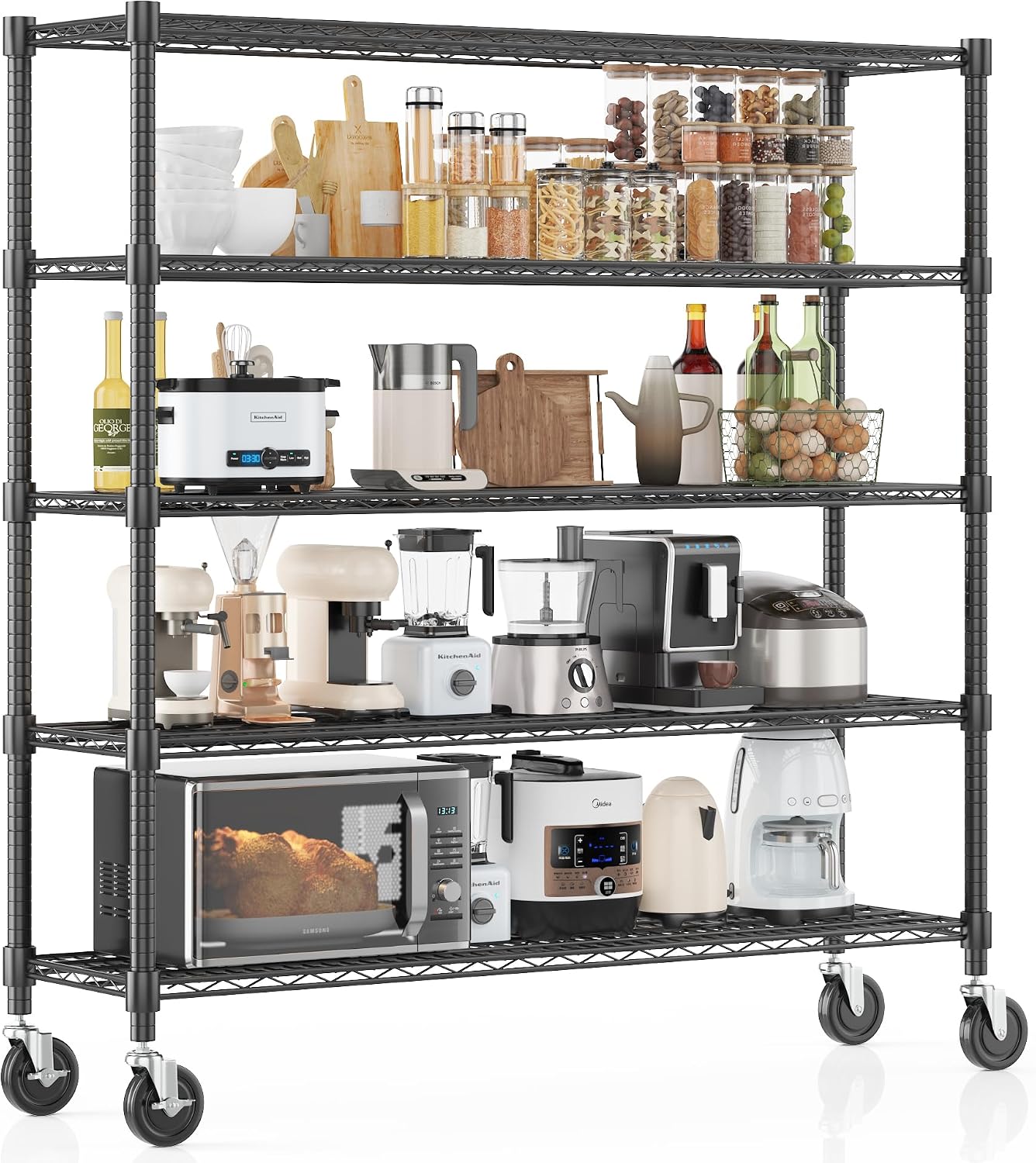 Adjustable Wheeled Heavy Duty 5-Tier Wire Storage Shelving Unit