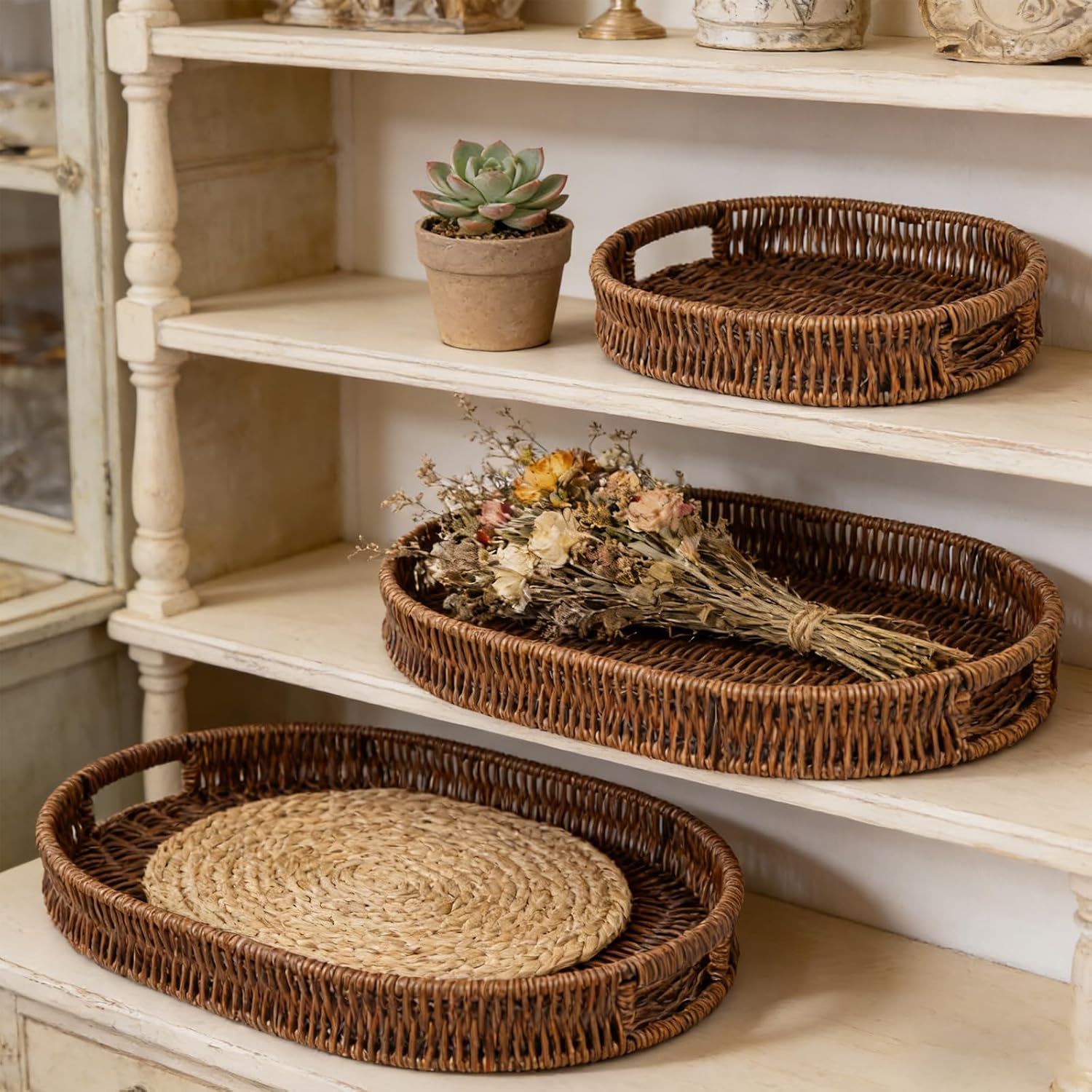 Handwoven Rattan Serving Trays Set with Handles