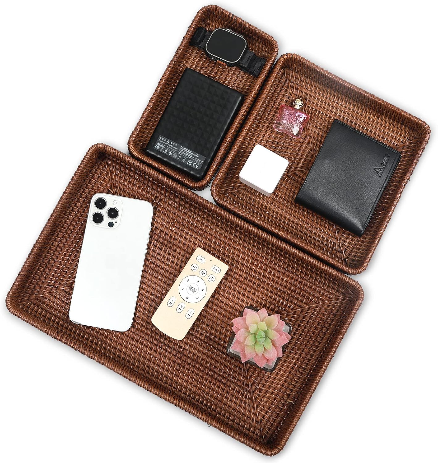 Natural Rectangular Rattan Serving Trays Set of Three