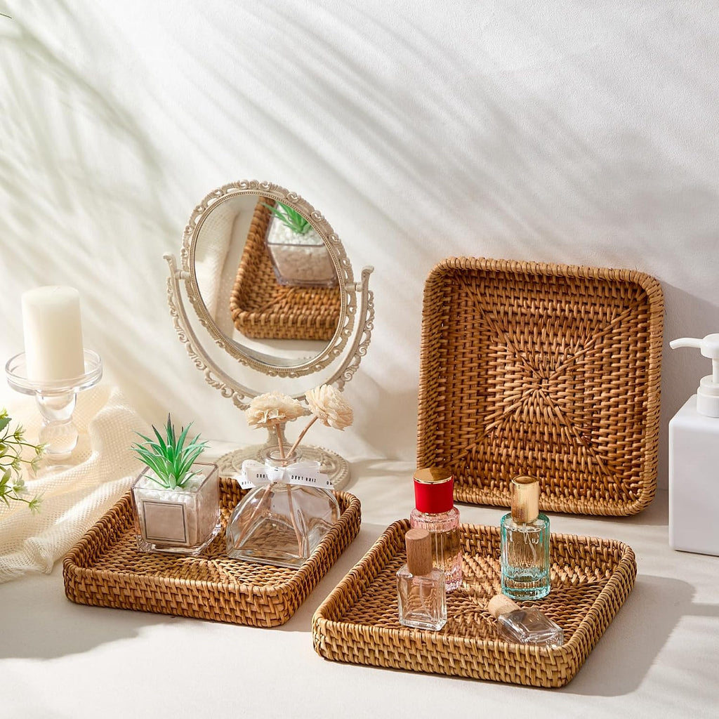 Natural Square Rattan Storage Serving Trays Set
