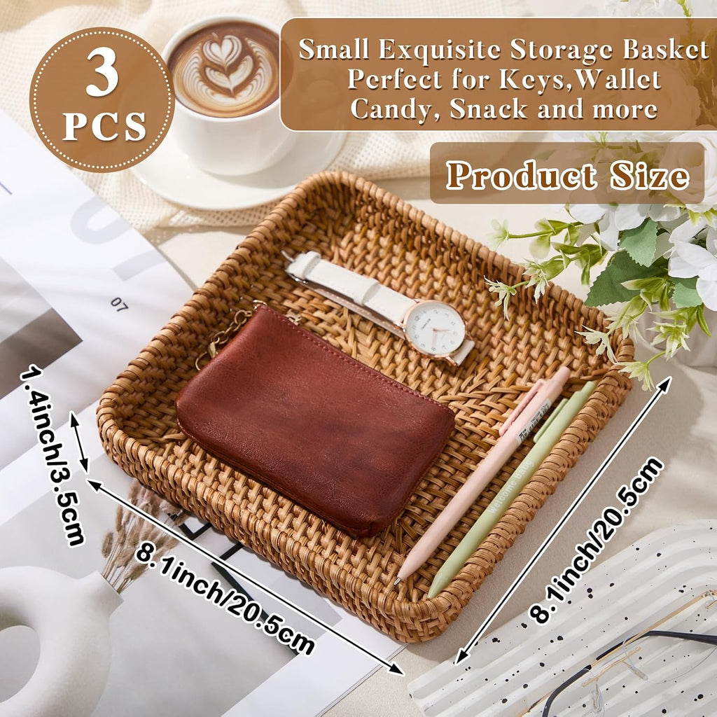 Natural Square Rattan Storage Serving Trays Set