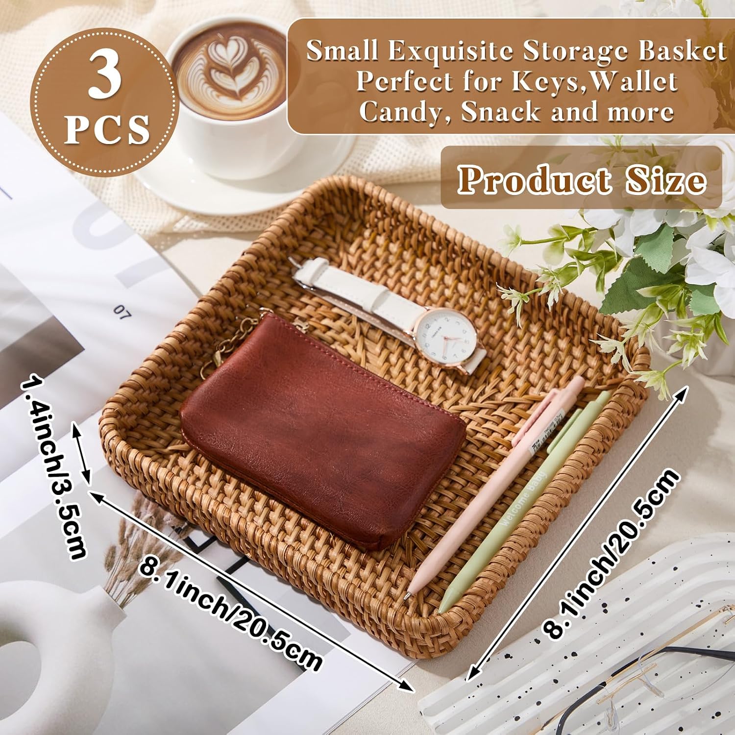 Natural Square Rattan Storage Serving Trays Set