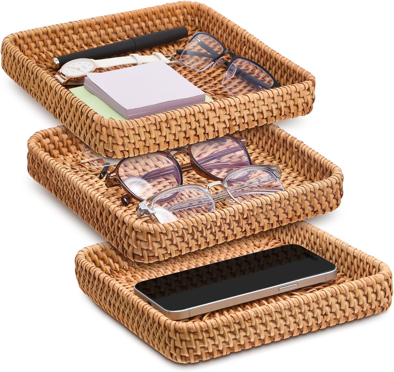 Natural Square Rattan Storage Serving Trays Set