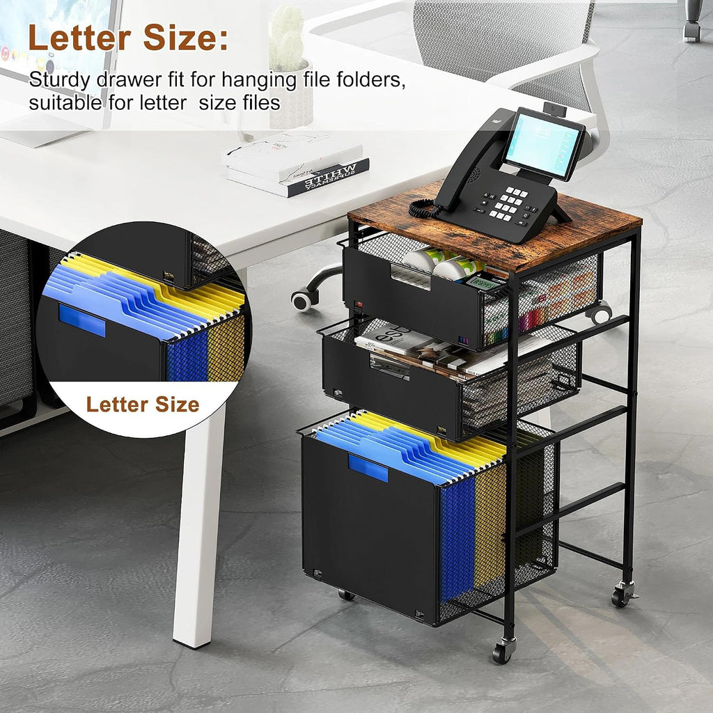 Rolling File Cart Lockable Wheels Wooden Printer Top