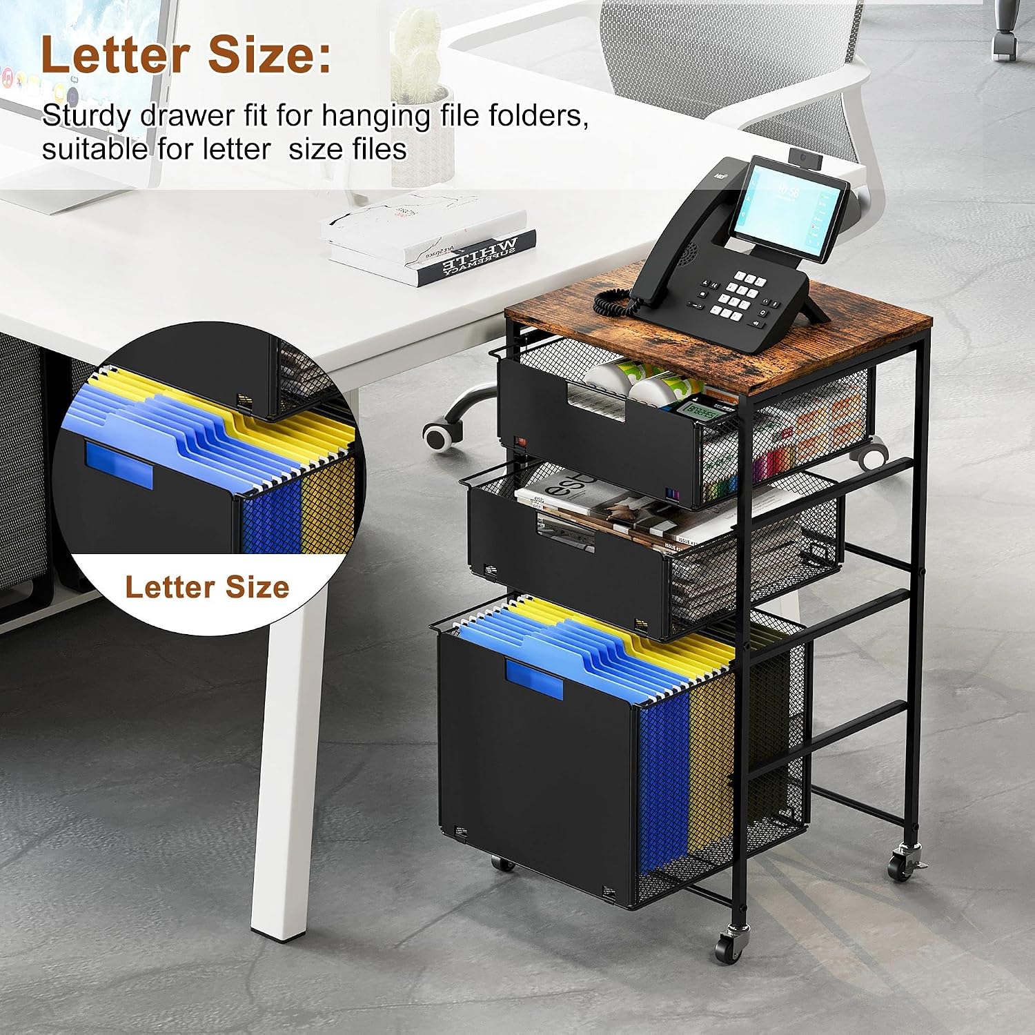 Rolling File Cart Lockable Wheels Wooden Printer Top