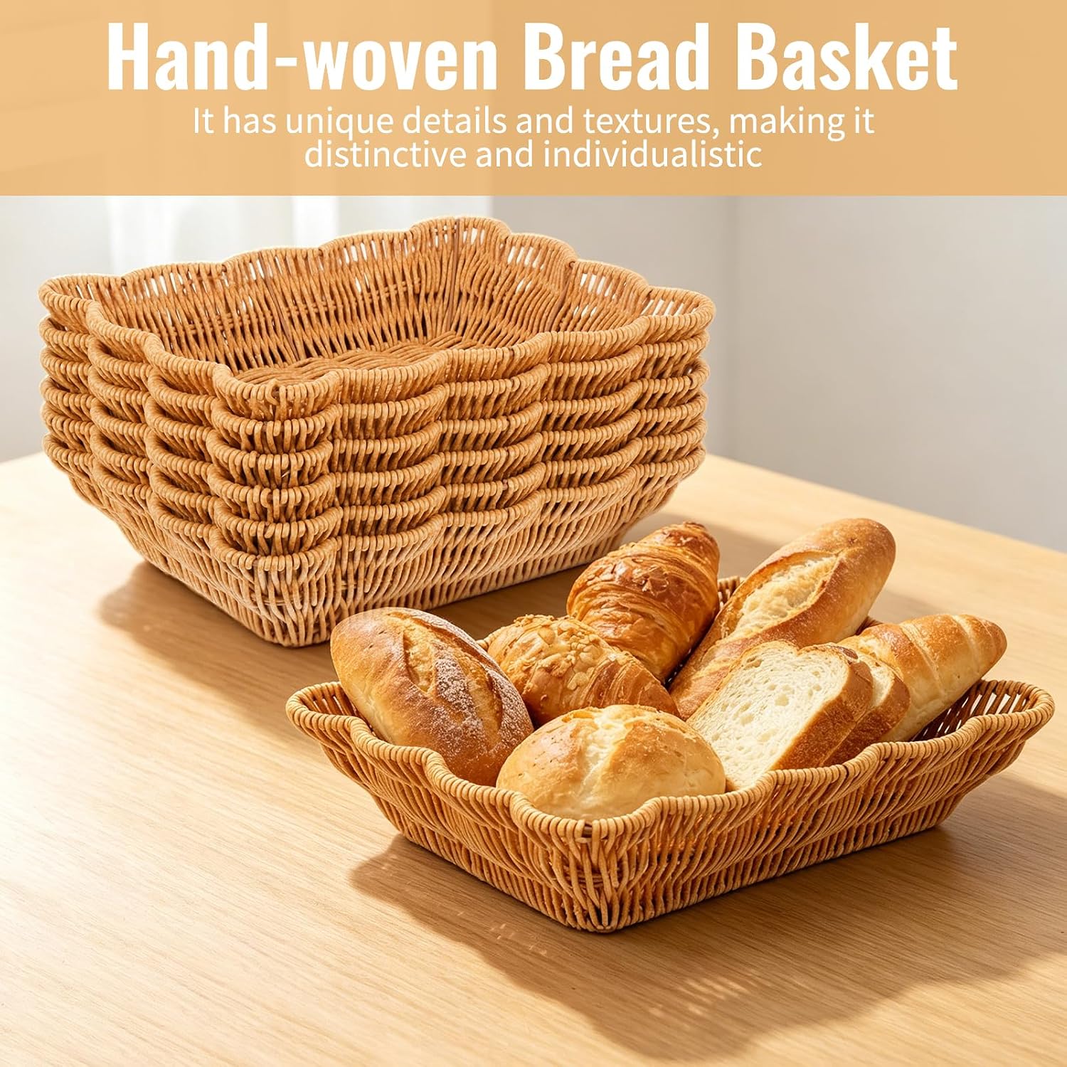 Stackable Rectangular Imitation Rattan Serving Baskets