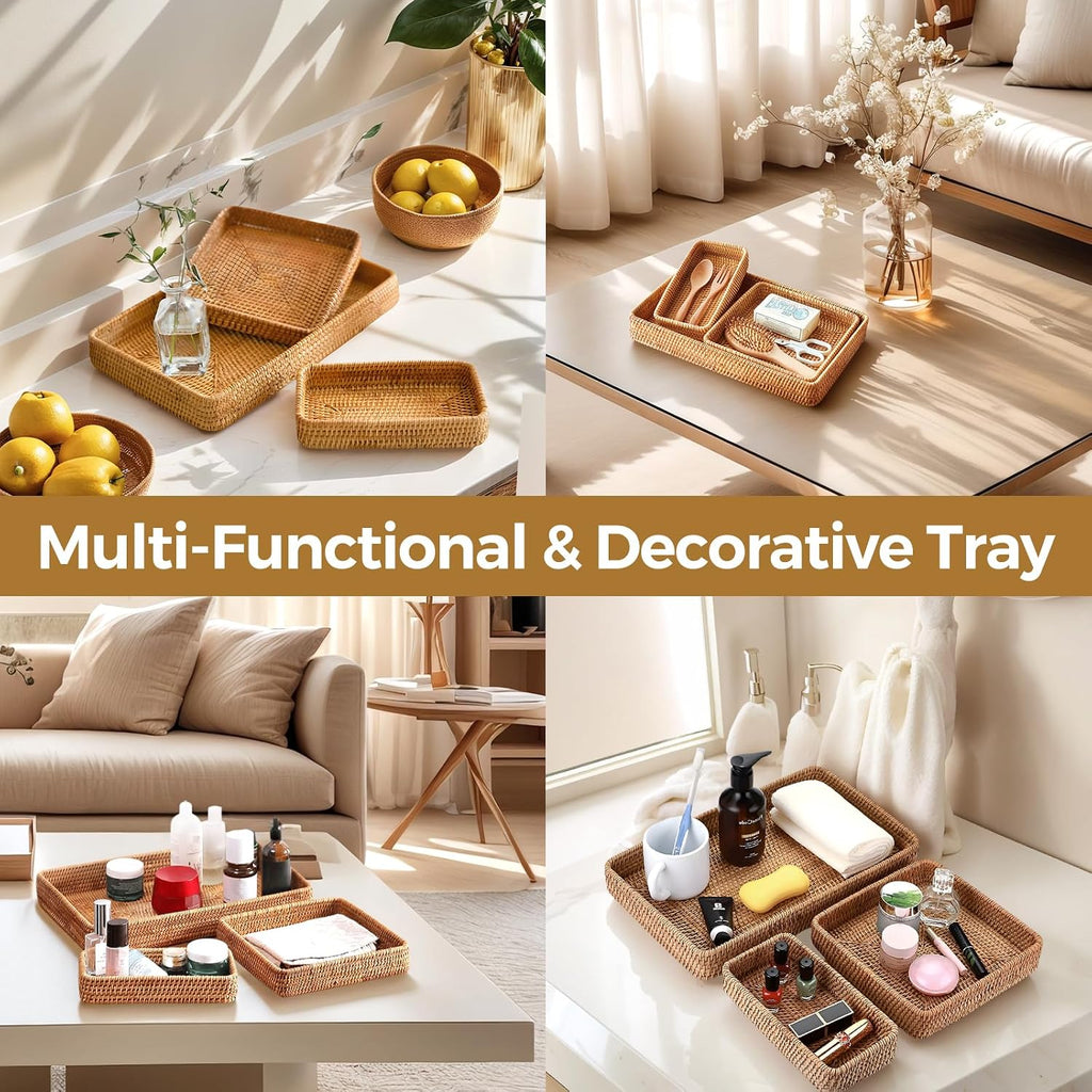 Decorative Rectangular Rattan Serving Trays Set