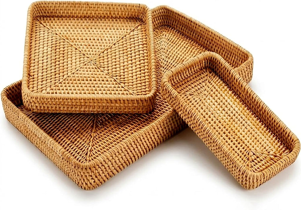 Natural Rectangular Rattan Serving Tray Set of Three