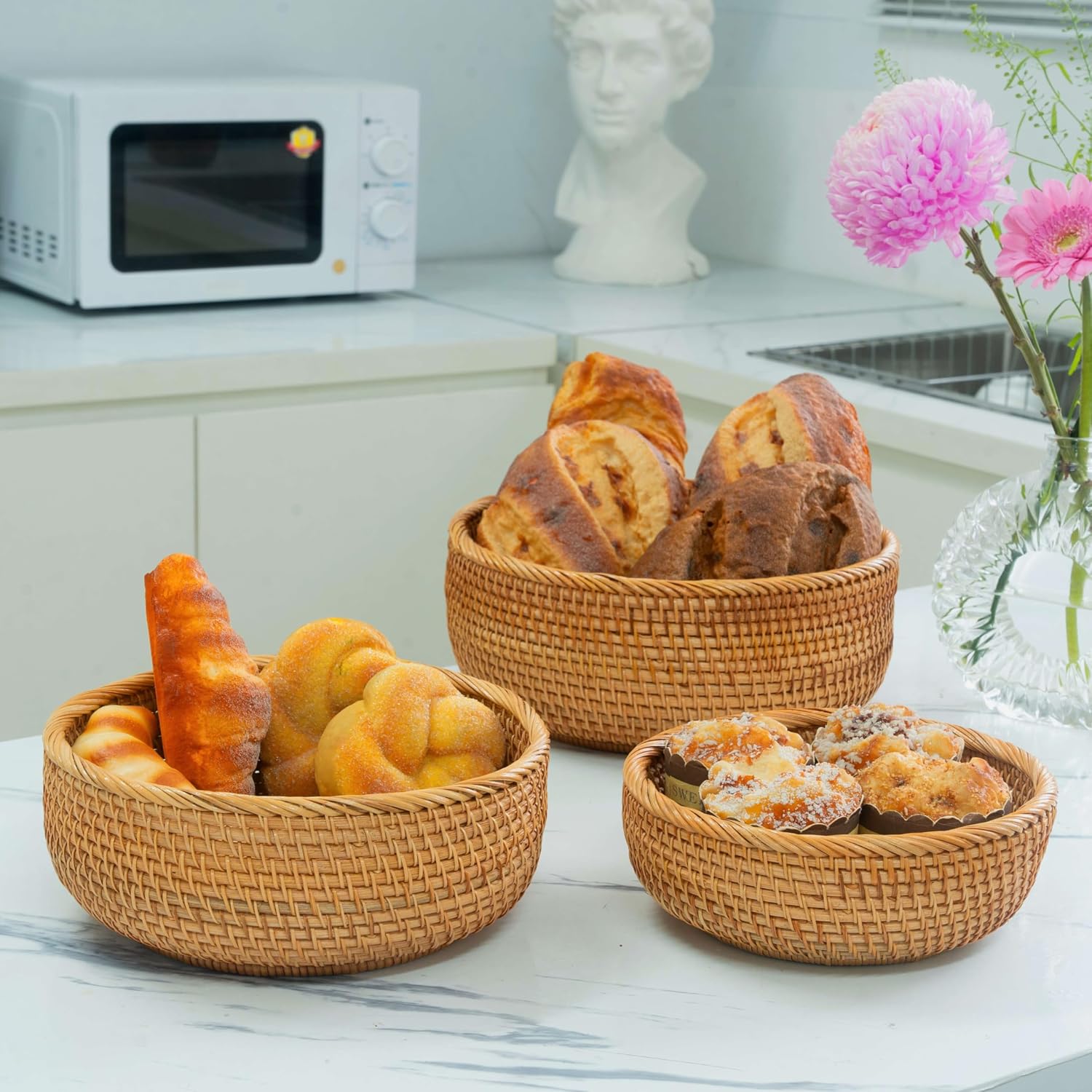 Stackable Round Natural Rattan Serving Basket Set