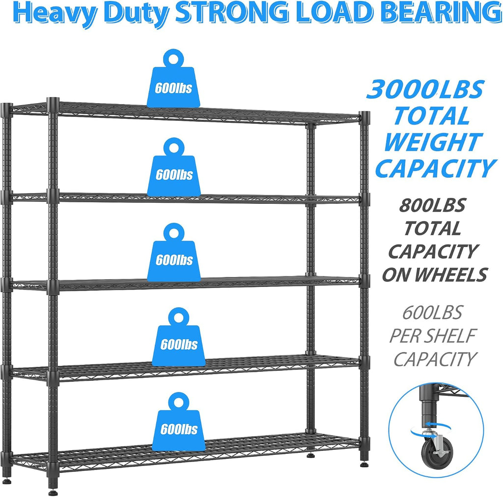Adjustable Wheeled Heavy Duty 5-Tier Wire Storage Shelving Unit