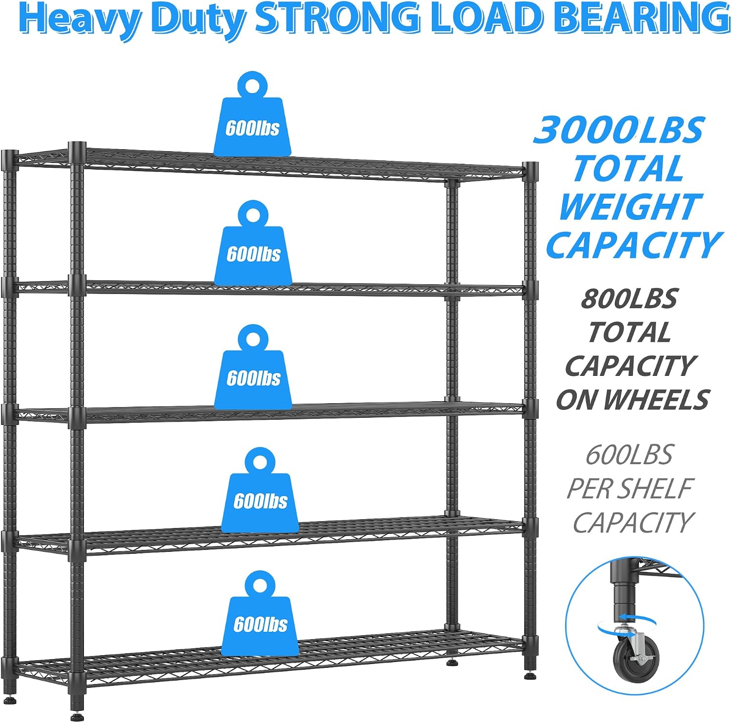 Adjustable Wheeled Heavy Duty 5-Tier Wire Storage Shelving Unit