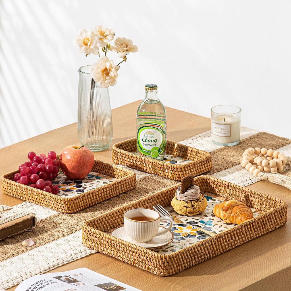 Handwoven Rattan Trays with Mother of Pearl Inlay