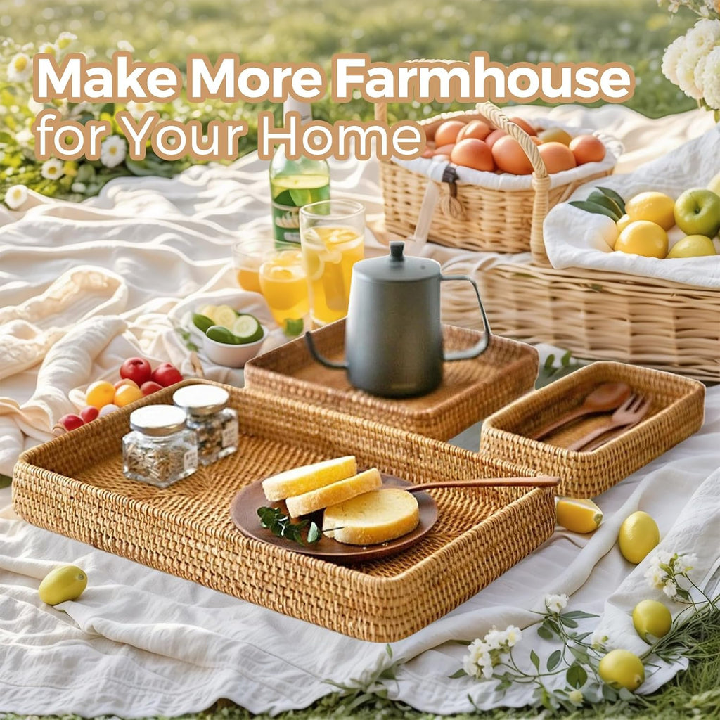 Decorative Rectangular Rattan Serving Trays Set