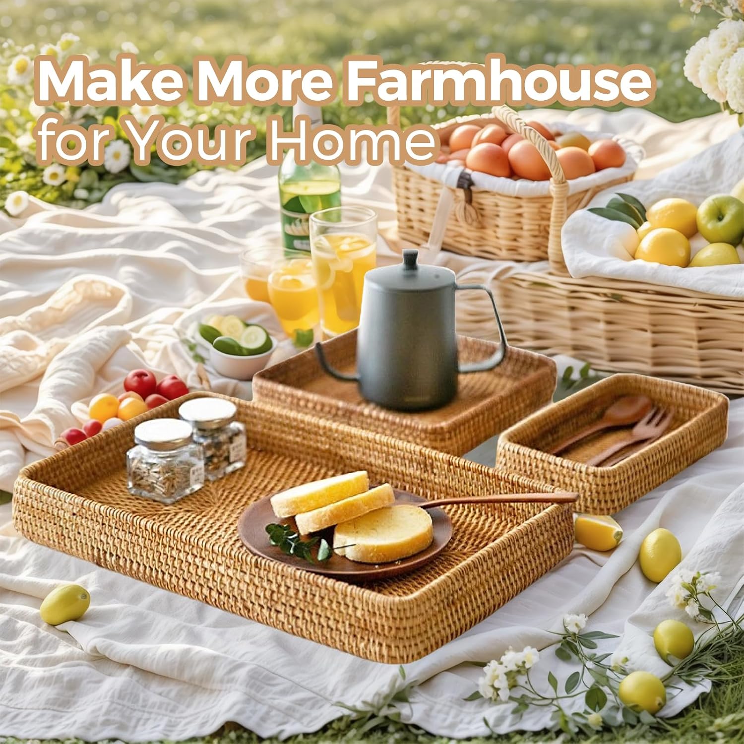 Decorative Rectangular Rattan Serving Trays Set