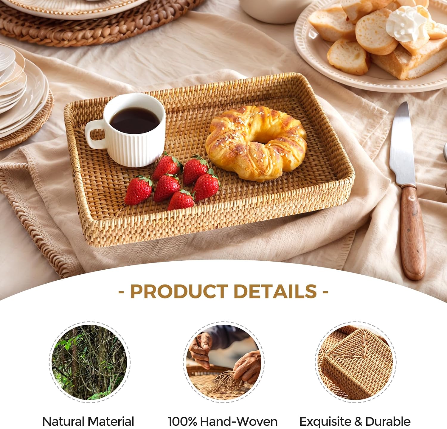 Decorative Rectangular Rattan Serving Trays Set